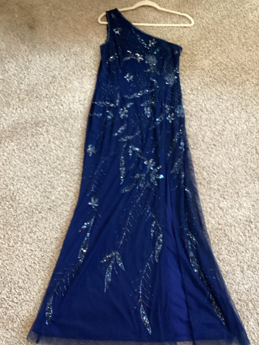 Adrianna Papell One-Shoulder Navy Sequin Gown